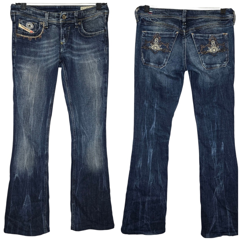 Vintage Y2K Diesel Lowky B.C. Embroidered Low Rise Bootcut Denim Jeans Sz 25 34
